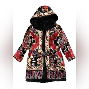 Vintage 60’s Hippie Boho Tapestry Carpet Coat w/Hood Faux Fur Lining ~ Size S